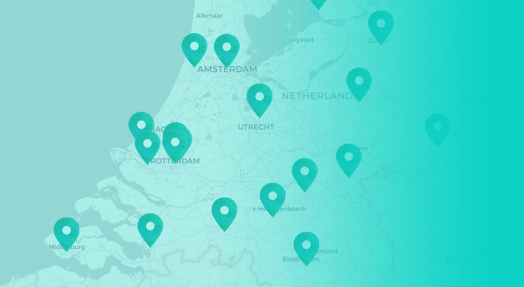 Plaatje van een kaart van nederland met locaties biorepeel klinieken en salons